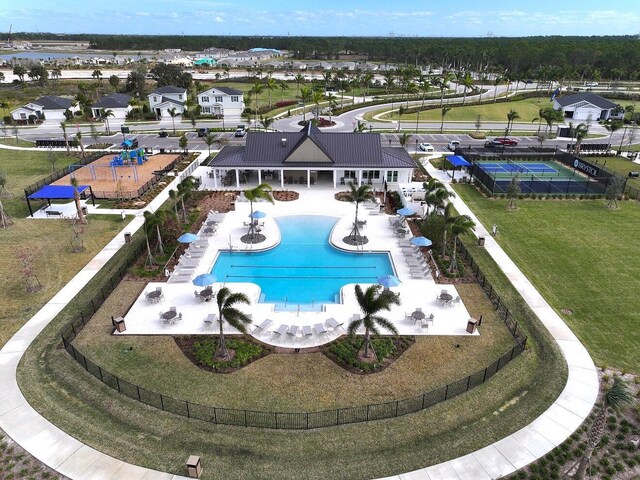 drone / aerial view with a residential view