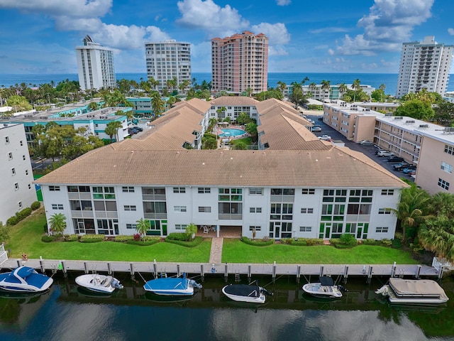 aerial view featuring a water view