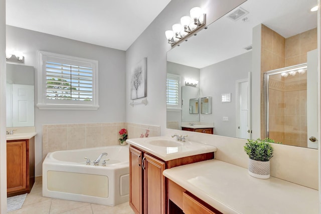 bathroom with a wealth of natural light, a sink, a shower stall, and a bath