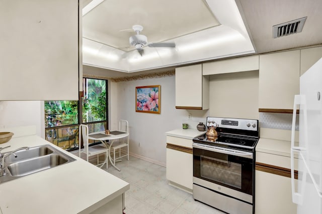 kitchen featuring light countertops, visible vents, a ceiling fan, stainless steel range with electric cooktop, and a sink