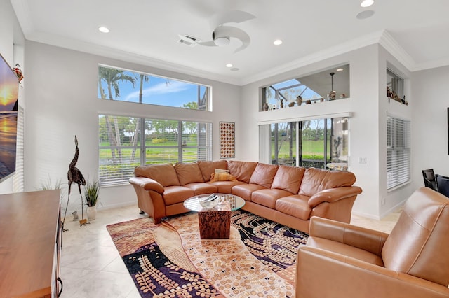 living area featuring crown molding, light tile patterned floors, recessed lighting, visible vents, and baseboards