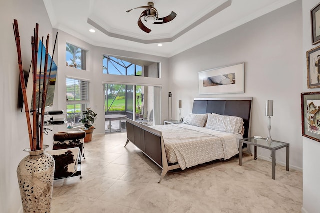 bedroom with baseboards, a tray ceiling, crown molding, and recessed lighting