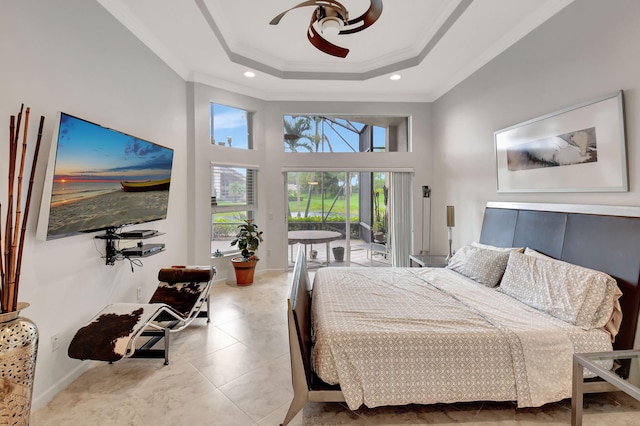 bedroom featuring a raised ceiling, a ceiling fan, ornamental molding, access to exterior, and recessed lighting