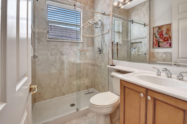 full bathroom with vanity, a shower stall, and toilet