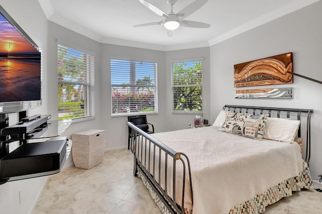 bedroom featuring a ceiling fan, crown molding, and baseboards