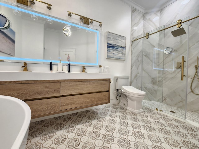 bathroom featuring a stall shower, toilet, ornamental molding, tile patterned floors, and vanity