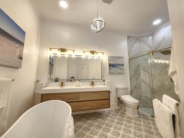 bathroom with double vanity, a stall shower, crown molding, and a soaking tub