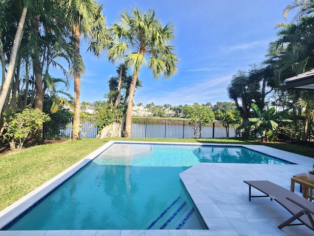 view of pool featuring a patio area, a fenced backyard, a fenced in pool, and a lawn