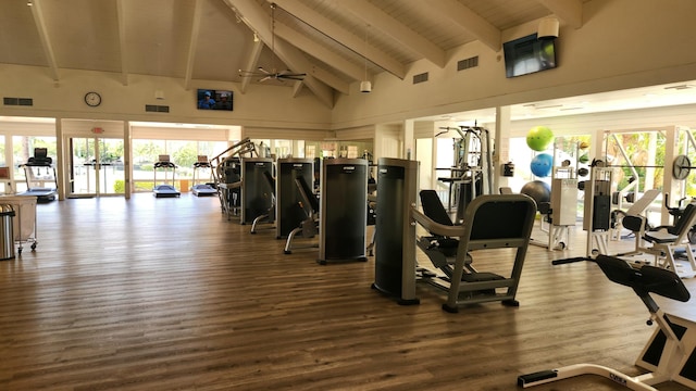 2800 Twin Oaks Way, Wellington, FL 33414 - exercise room with high vaulted ceiling, plenty of natural light, dark wood-style flooring, and wooden ceiling with exposed beams