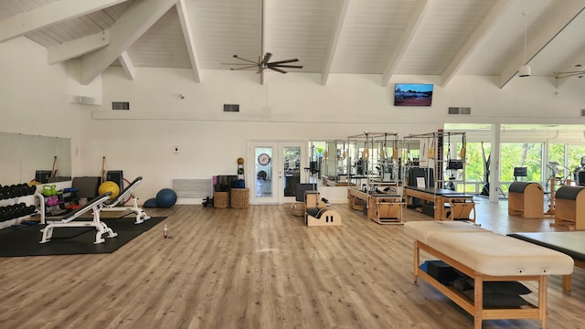 2800 Twin Oaks Way, Wellington, FL 33414 - workout area with high vaulted ceiling, french doors, a ceiling fan, beamed ceiling, and light wood finished floors