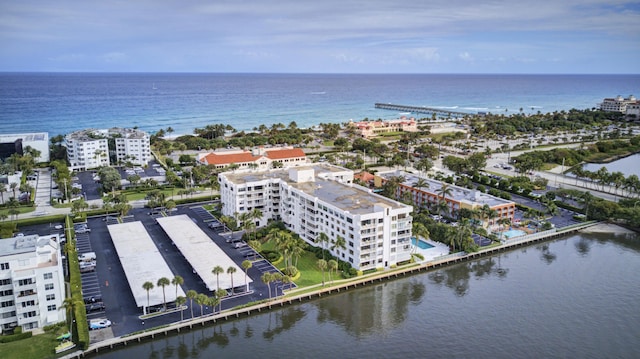 aerial view featuring a water view and a city view