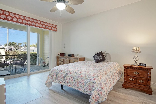 bedroom featuring light wood-style floors, access to outside, and a ceiling fan