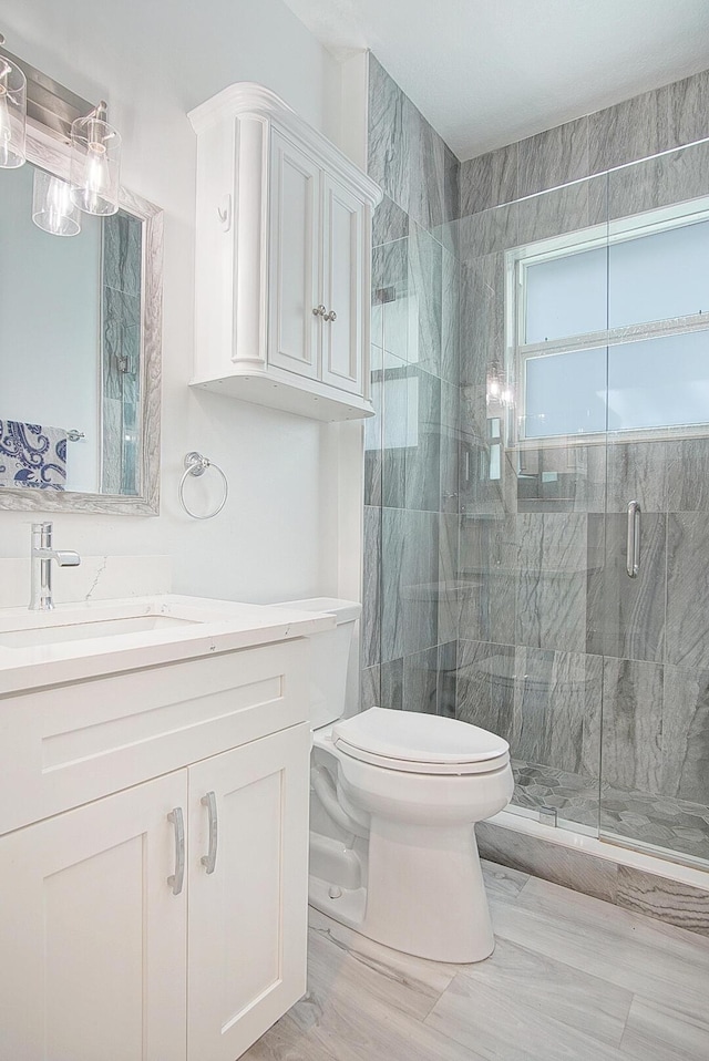 full bathroom with a stall shower, vanity, and toilet