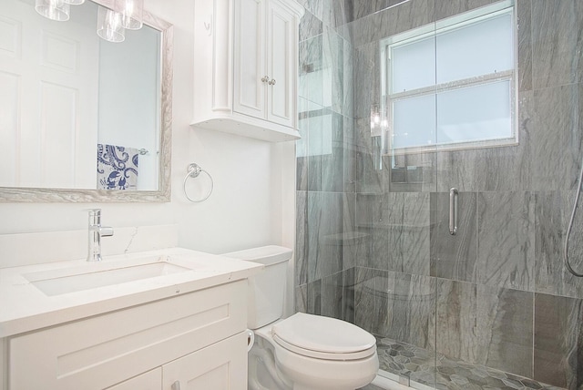 full bathroom featuring a stall shower, vanity, and toilet