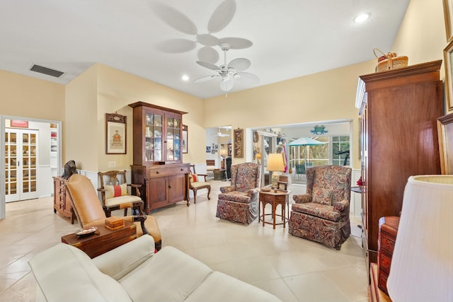 living room featuring french doors, light tile patterned floors, recessed lighting, visible vents, and ceiling fan