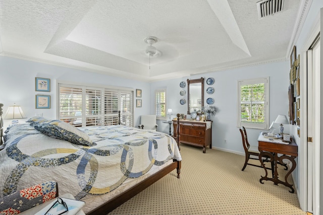 bedroom featuring baseboards, a raised ceiling, a textured ceiling, and ornamental molding