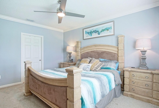 bedroom featuring light carpet, baseboards, visible vents, ceiling fan, and crown molding