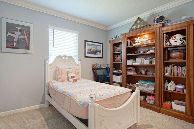 bedroom featuring ornamental molding, carpet, and baseboards