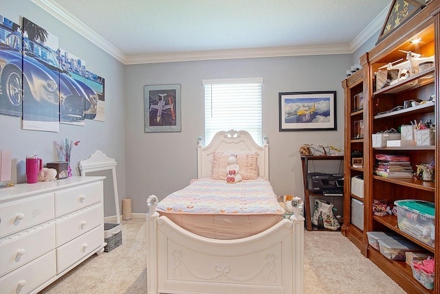 bedroom featuring baseboards, light colored carpet, and crown molding