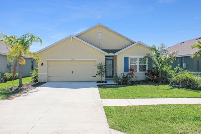 ranch-style home with a front yard, driveway, an attached garage, and stucco siding