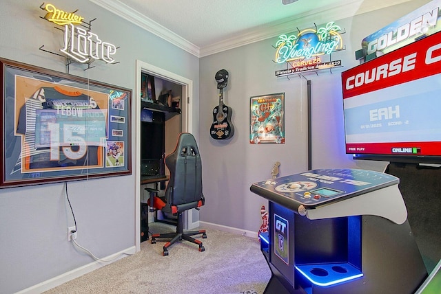 game room featuring carpet, baseboards, and crown molding