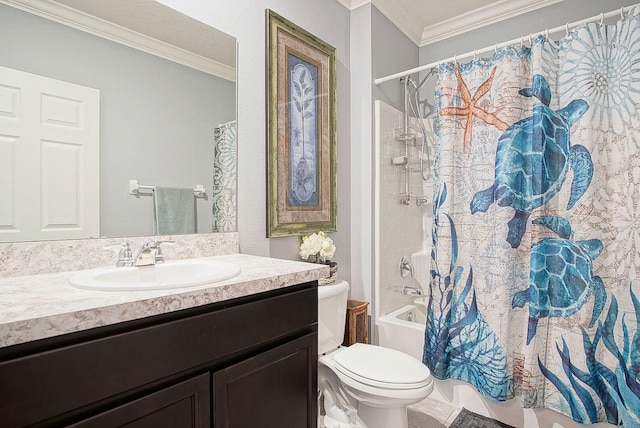 bathroom featuring ornamental molding, shower / tub combo with curtain, vanity, and toilet