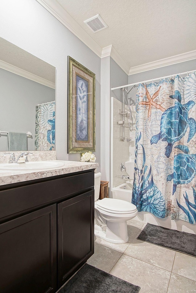 full bathroom with visible vents, crown molding, vanity, and toilet