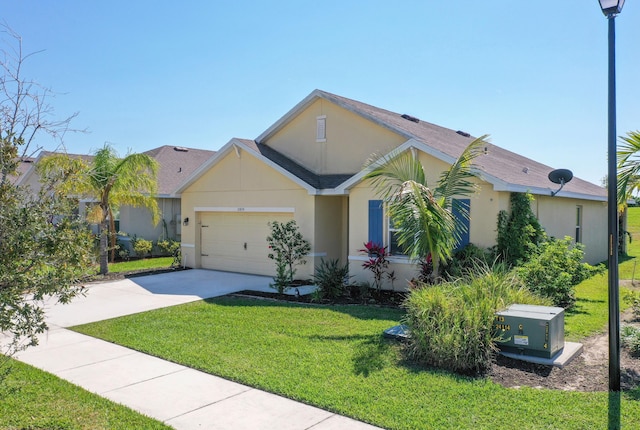 view of front of house with driveway, a garage, a shingled roof, stucco siding, and a front yard