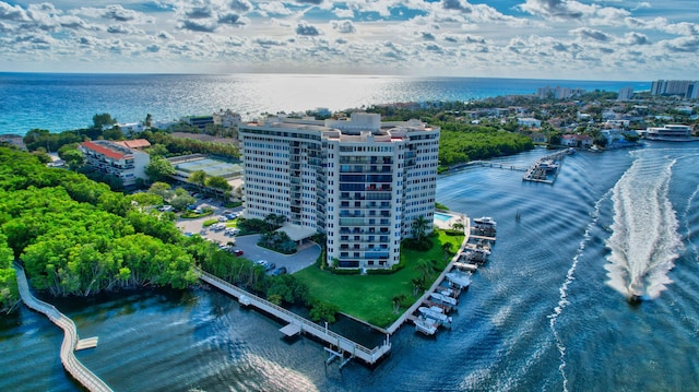 birds eye view of property featuring a water view