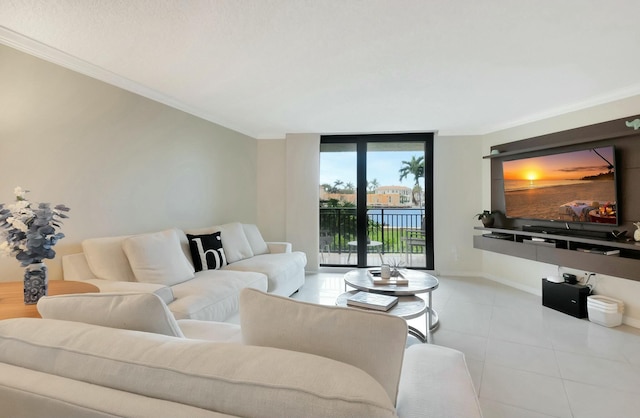 living area featuring expansive windows, crown molding, baseboards, and light tile patterned floors