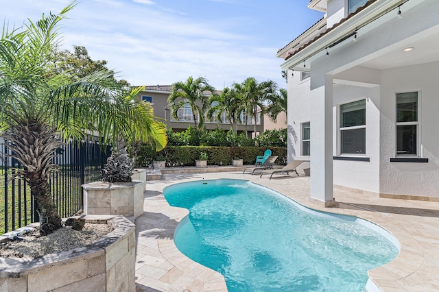 view of swimming pool featuring a fenced in pool, a patio area, and fence