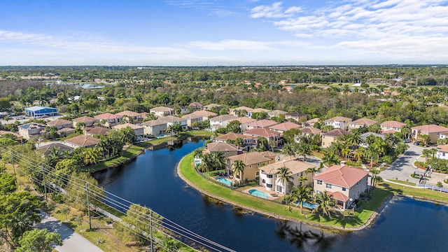 birds eye view of property featuring a water view and a residential view