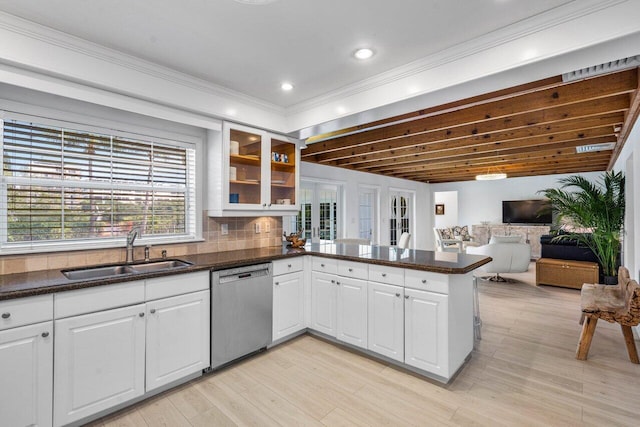 kitchen with a sink, a peninsula, white cabinets, and stainless steel dishwasher