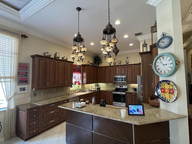 kitchen featuring tasteful backsplash, stainless steel appliances, and crown molding