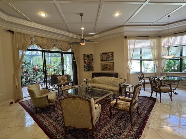 living area featuring recessed lighting, ornamental molding, light tile patterned flooring, coffered ceiling, and baseboards