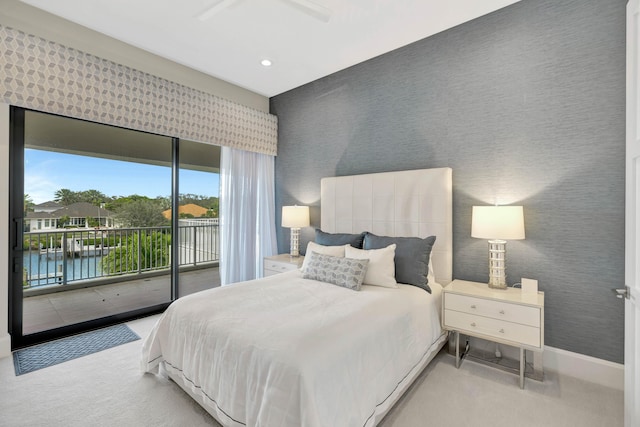 bedroom featuring recessed lighting, carpet flooring, baseboards, access to outside, and wallpapered walls