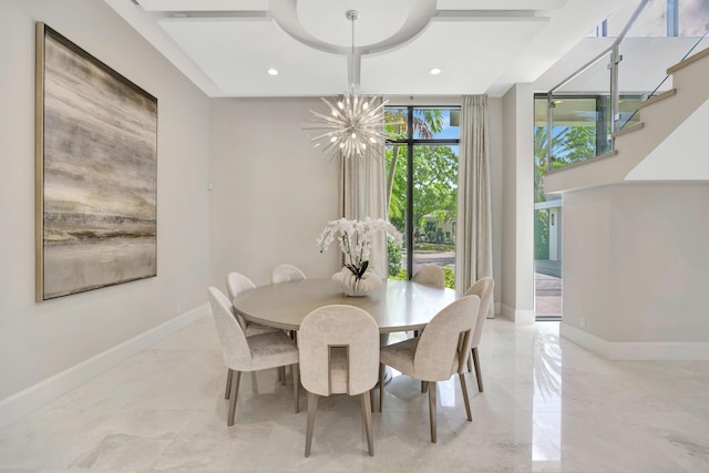 dining room with marble finish floor, baseboards, a chandelier, and recessed lighting