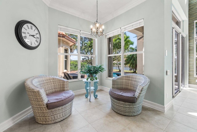 living area with ornamental molding, tile patterned flooring, and baseboards