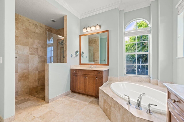 bathroom with a walk in shower, vanity, baseboards, ornamental molding, and a bath