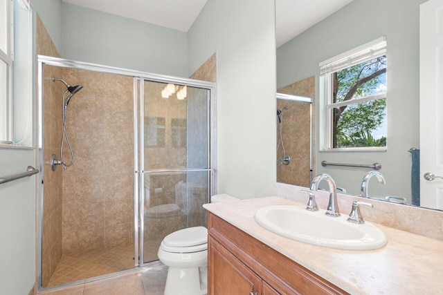 bathroom with a shower stall, toilet, and vanity