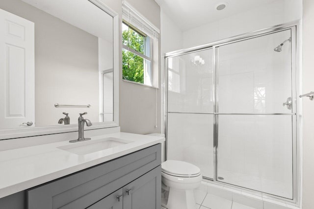 full bathroom featuring a stall shower, vanity, and toilet