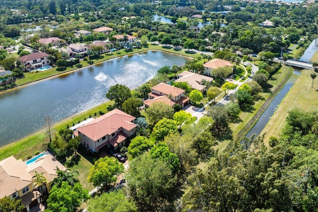 bird's eye view featuring a residential view and a water view