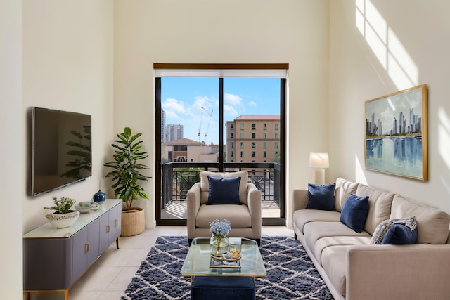 living area featuring light tile patterned floors