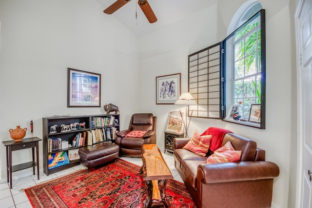 6861 Briarlake Cir, Palm Beach Gardens, FL 33418 - sitting room featuring lofted ceiling, a ceiling fan, and tile patterned floors