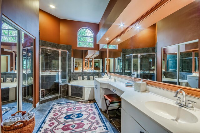 6861 Briarlake Cir, Palm Beach Gardens, FL 33418 - full bathroom featuring a stall shower, tile patterned flooring, a bath, recessed lighting, and a high ceiling