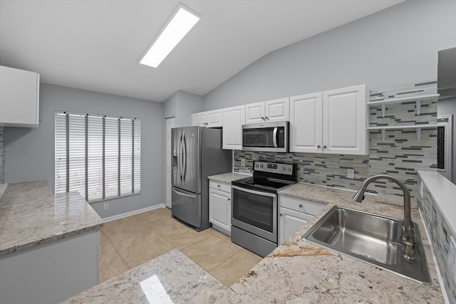 kitchen featuring white cabinets, backsplash, stainless steel appliances, and a sink