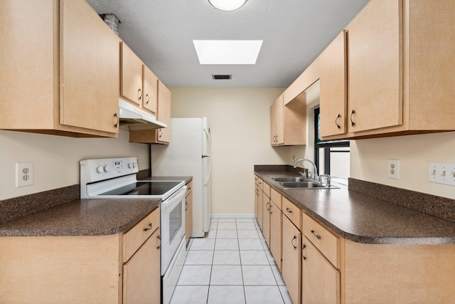 kitchen with white range with electric stovetop, dark countertops, light brown cabinets, a sink, and under cabinet range hood