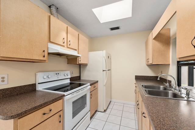 kitchen featuring under cabinet range hood, white appliances, a sink, visible vents, and dark countertops