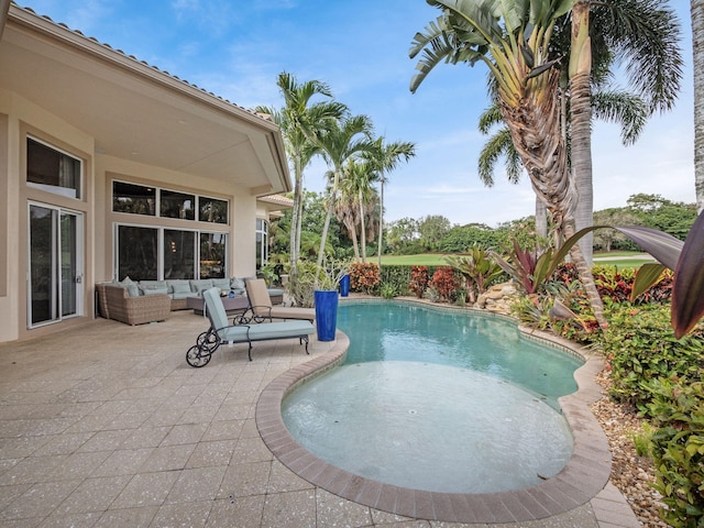 view of pool with a patio and outdoor lounge area