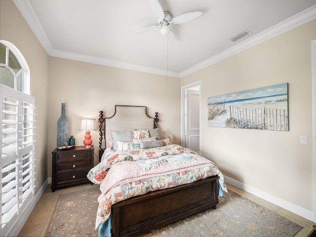 tiled bedroom featuring crown molding, visible vents, and baseboards